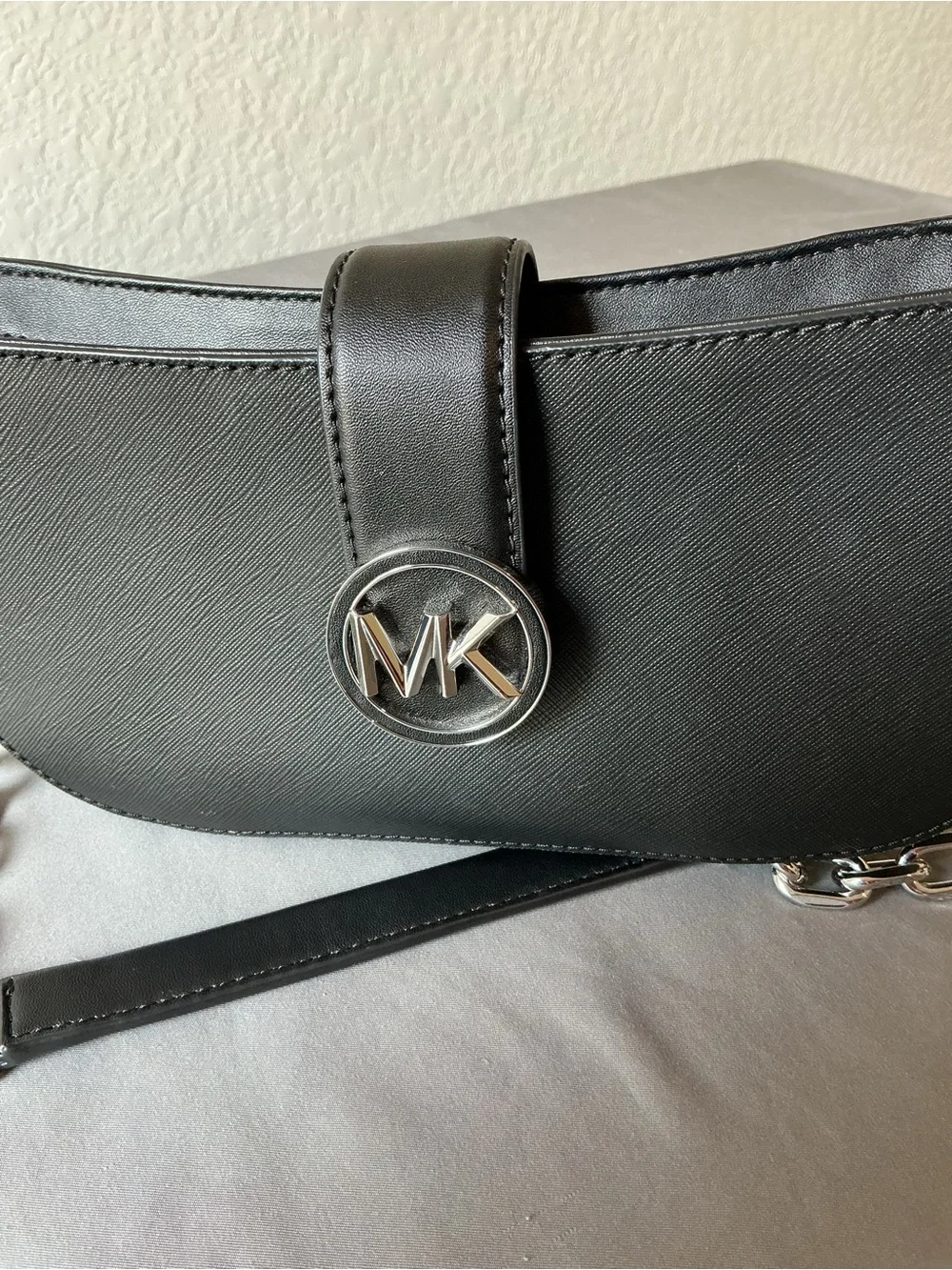 Michael Kors Black Shoulder Bag with Silver MK Emblem and Chain Strap